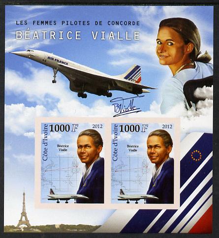 Ivory Coast 2012 Beatrice Vialle (Concorde Pilot) imperf sheetlet containing 2 values unmounted mint , stamps on , stamps on  stamps on personalities, stamps on  stamps on concorde, stamps on  stamps on aviation, stamps on  stamps on women