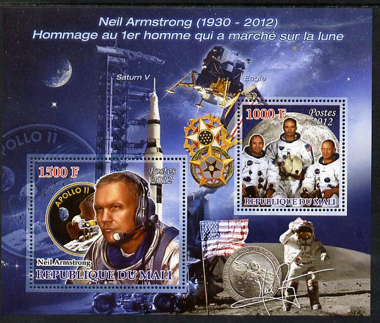 Mali 2012 Neil Armstrong perf sheetlet containing 2 values unmounted mint , stamps on personalities, stamps on armstrong, stamps on space, stamps on apollo, stamps on masonics, stamps on scouts, stamps on rockets