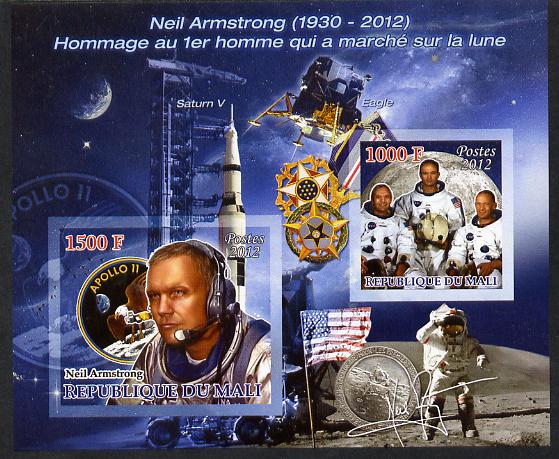 Mali 2012 Neil Armstrong imperf sheetlet containing 2 values unmounted mint , stamps on , stamps on  stamps on personalities, stamps on  stamps on armstrong, stamps on  stamps on space, stamps on  stamps on apollo, stamps on  stamps on masonics, stamps on  stamps on scouts, stamps on  stamps on rockets