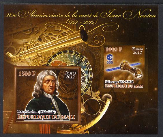 Mali 2012 Death Anniversary of Isaac Newton imperf sheetlet containing 2 values unmounted mint , stamps on personalities, stamps on newton, stamps on science, stamps on physics, stamps on maths, stamps on space, stamps on telescopes, stamps on mathematics, stamps on satellites