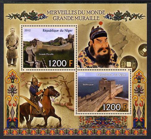 Niger Republic  2012 Wonders of the World - Great Wall of China perf sheetlet containing 2 values unmounted mint , stamps on history, stamps on heritage, stamps on civil engineering, stamps on horses