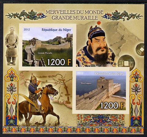 Niger Republic  2012 Wonders of the World - Great Wall of China imperf sheetlet containing 2 values unmounted mint , stamps on history, stamps on heritage, stamps on civil engineering, stamps on horses