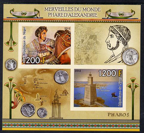 Niger Republic  2012 Wonders of the World - Lighthouse of Alexandria imperf sheetlet containing 2 values unmounted mint , stamps on history, stamps on heritage, stamps on civil engineering, stamps on lighthouses, stamps on coins