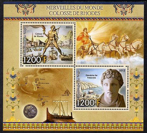 Niger Republic  2012 Wonders of the World - Colossus of Rhodes perf sheetlet containing 2 values unmounted mint , stamps on history, stamps on heritage, stamps on ancient greece, stamps on mythology, stamps on statues