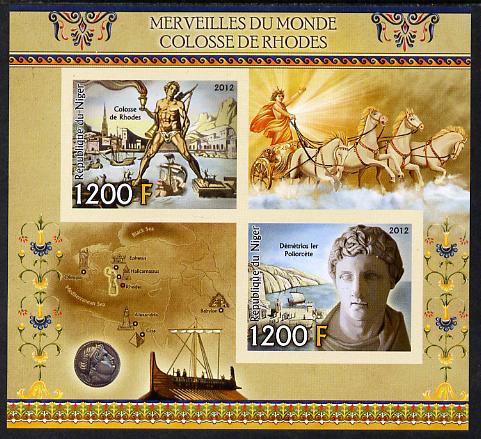 Niger Republic  2012 Wonders of the World - Colossus of Rhodes imperf sheetlet containing 2 values unmounted mint , stamps on history, stamps on heritage, stamps on ancient greece, stamps on mythology, stamps on statues