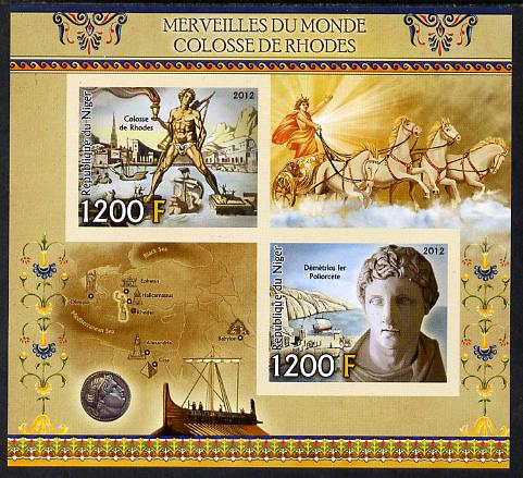 Niger Republic  2012 Wonders of the World - Colossus of Rhodes imperf sheetlet containing 2 values unmounted mint , stamps on , stamps on  stamps on history, stamps on  stamps on heritage, stamps on  stamps on ancient greece, stamps on  stamps on mythology, stamps on  stamps on statues