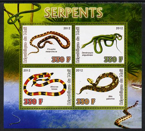 Mali 2012 Fauna - Snakes perf sheetlet containing 4 values unmounted mint, stamps on , stamps on  stamps on snakes, stamps on  stamps on reptiles, stamps on  stamps on 