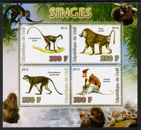 Mali 2012 Fauna - Monkeys perf sheetlet containing 4 values unmounted mint, stamps on animals, stamps on monkeys, stamps on apes