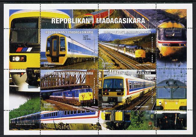 Madagascar 1999 Railways #1 perf sheetlet containing 4 values unmounted mint. Note this item is privately produced and is offered purely on its thematic appeal, it has no..., stamps on railways