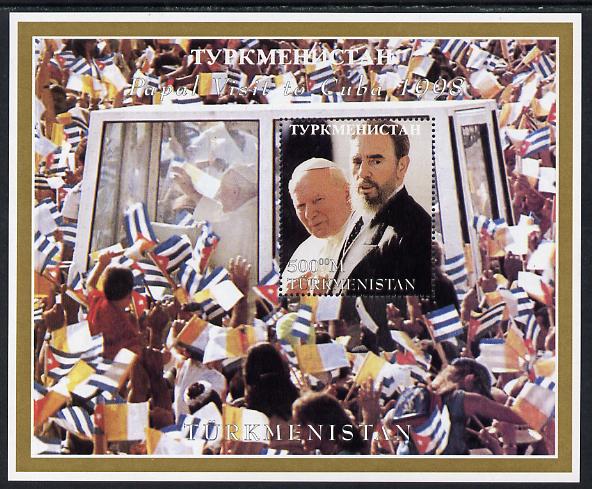 Turkmenistan 1998 Pope John Paul II Visit to Cuba perf m/sheet unmounted mint. Note this item is privately produced and is offered purely on its thematic appeal, stamps on , stamps on  stamps on personalities, stamps on  stamps on pope, stamps on  stamps on popes, stamps on  stamps on 