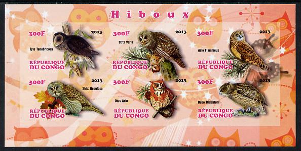 Congo 2013 Owls imperf sheetlet containing 6 values unmounted mint, stamps on , stamps on  stamps on birds, stamps on  stamps on birds of prey, stamps on  stamps on owls