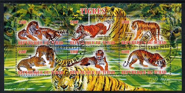Chad 2013 Tigers perf sheetlet containing 6 values fine cto used, stamps on animals, stamps on cats, stamps on lions, stamps on tigers