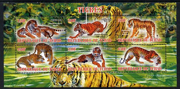 Chad 2013 Tigers perf sheetlet containing 6 values unmounted mint, stamps on animals, stamps on cats, stamps on lions, stamps on tigers
