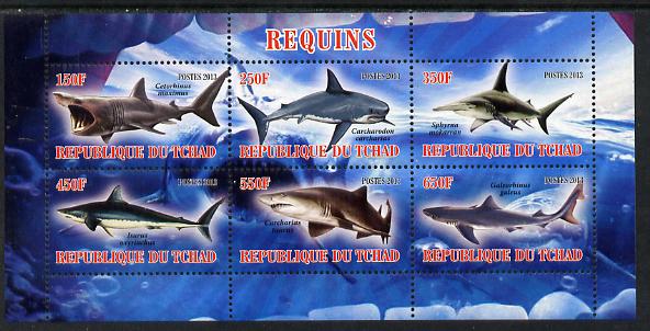 Chad 2013 Sharks perf sheetlet containing 6 values unmounted mint, stamps on , stamps on  stamps on fish, stamps on  stamps on sharks