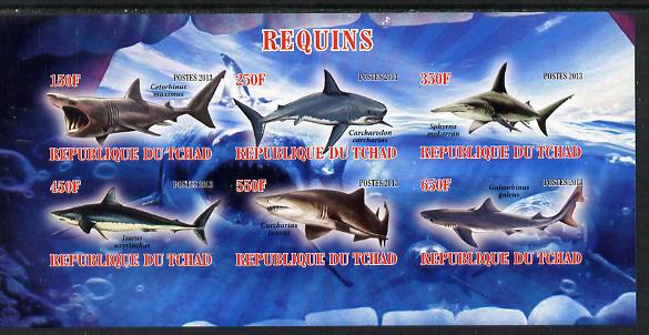 Chad 2013 Sharks imperf sheetlet containing 6 values unmounted mint, stamps on fish, stamps on sharks