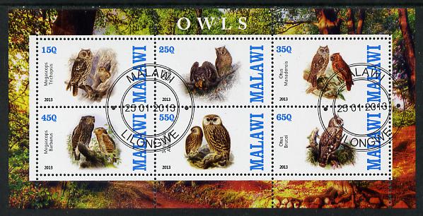 Malawi 2013 Owls perf sheetlet containing 6 values fine cto used, stamps on birds, stamps on birds of prey, stamps on owls