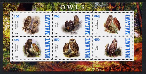 Malawi 2013 Owls perf sheetlet containing 6 values unmounted mint, stamps on birds, stamps on birds of prey, stamps on owls