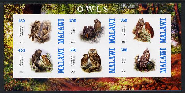 Malawi 2013 Owls imperf sheetlet containing 6 values unmounted mint, stamps on , stamps on  stamps on birds, stamps on  stamps on birds of prey, stamps on  stamps on owls