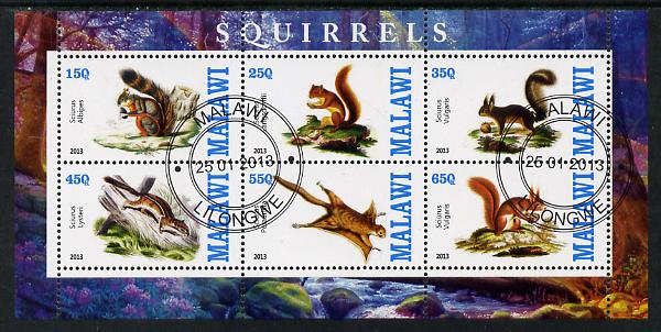 Malawi 2013 Squirrels perf sheetlet containing 6 values fine cto used, stamps on animals, stamps on squirrels