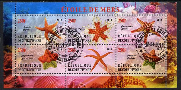 Ivory Coast 2013 Star Fish perf sheetlet containing 6 values fine cto used, stamps on marine life, stamps on fish, stamps on starfish