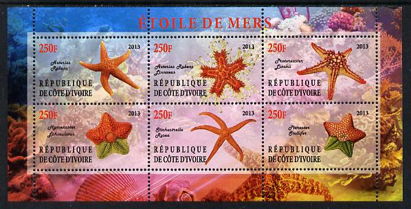 Ivory Coast 2013 Star Fish perf sheetlet containing 6 values unmounted mint, stamps on , stamps on  stamps on marine life, stamps on  stamps on fish, stamps on  stamps on starfish