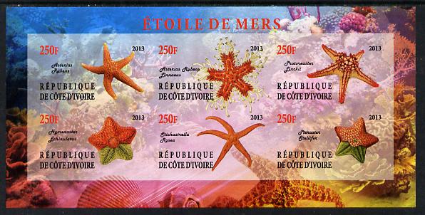 Ivory Coast 2013 Star Fish imperf sheetlet containing 6 values unmounted mint, stamps on marine life, stamps on fish, stamps on starfish