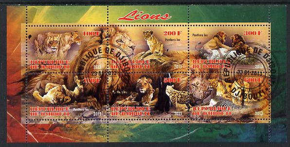 Djibouti 2013 Lions perf sheetlet containing 6 values fine cto used, stamps on , stamps on  stamps on animals, stamps on  stamps on cats, stamps on  stamps on lions, stamps on  stamps on 