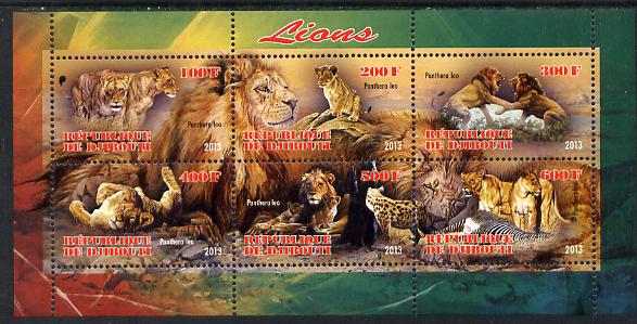 Djibouti 2013 Lions perf sheetlet containing 6 values unmounted mint, stamps on animals, stamps on cats, stamps on lions, stamps on 