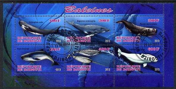 Djibouti 2013 Whales perf sheetlet containing 6 values fine cto used, stamps on whales, stamps on marine life