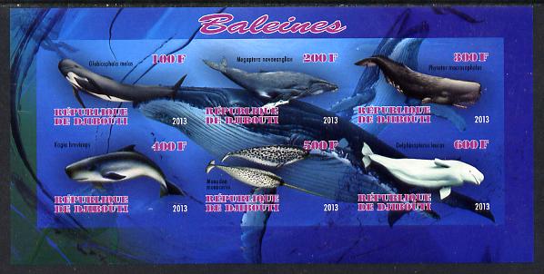 Djibouti 2013 Whales imperf sheetlet containing 6 values unmounted mint, stamps on whales, stamps on marine life