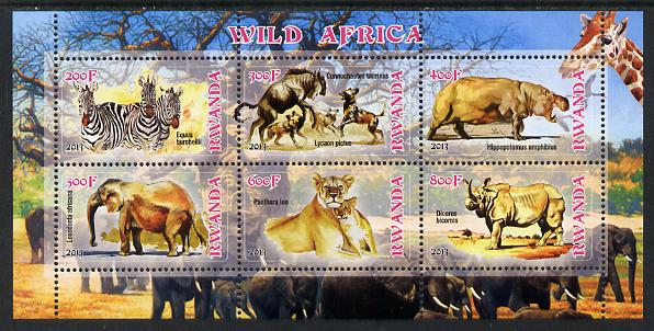 Rwanda 2013 Wild Africa perf sheetlet containing 6 values unmounted mint, stamps on , stamps on  stamps on animals, stamps on  stamps on zebras, stamps on  stamps on hippos, stamps on  stamps on elephants, stamps on  stamps on lions, stamps on  stamps on rhinos