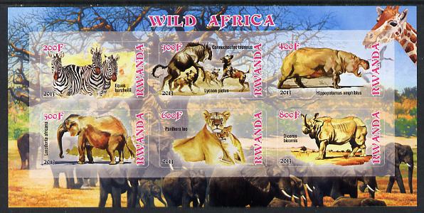 Rwanda 2013 Wild Africa imperf sheetlet containing 6 values unmounted mint, stamps on , stamps on  stamps on animals, stamps on  stamps on zebras, stamps on  stamps on hippos, stamps on  stamps on elephants, stamps on  stamps on lions, stamps on  stamps on rhinos