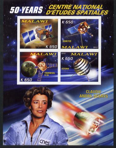 Malawi 2012 Space - 50th Anniversary of Centre for Space Studies #3 imperf sheetlet containing 4 values unmounted mint, stamps on , stamps on  stamps on space, stamps on  stamps on rockets, stamps on  stamps on satellites