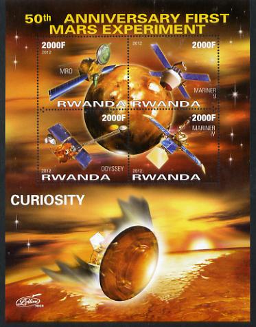 Rwanda 2012 Space - 50th Anniversary of First Mars Experiment #2 perf sheetlet containing 4 values unmounted mint, stamps on , stamps on  stamps on space, stamps on  stamps on rockets, stamps on  stamps on satellites, stamps on  stamps on mars, stamps on  stamps on planets