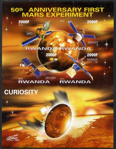 Rwanda 2012 Space - 50th Anniversary of First Mars Experiment #2 imperf sheetlet containing 4 values unmounted mint, stamps on space, stamps on rockets, stamps on satellites, stamps on mars, stamps on planets