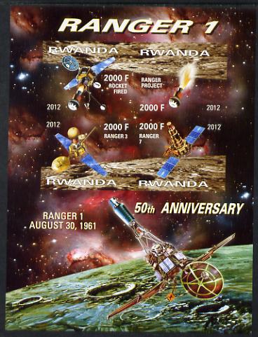 Rwanda 2012 Space - 50th Anniversary of Ranger 1 imperf sheetlet containing 4 values unmounted mint, stamps on space, stamps on rockets, stamps on satellites, stamps on planets