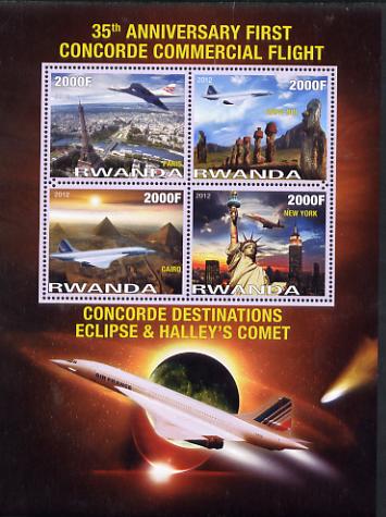 Rwanda 2012 35th Anniversary of First Concorde Flight perf sheetlet containing 4 values unmounted mint, stamps on , stamps on  stamps on aviation, stamps on  stamps on concorde, stamps on  stamps on eiffel tower, stamps on  stamps on pyramids, stamps on  stamps on americana, stamps on  stamps on statue of liberty