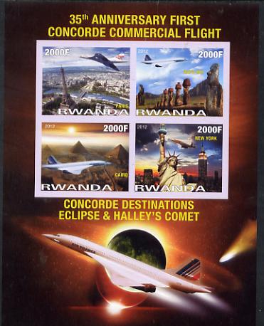 Rwanda 2012 35th Anniversary of First Concorde Flight imperf sheetlet containing 4 values unmounted mint, stamps on , stamps on  stamps on aviation, stamps on  stamps on concorde, stamps on  stamps on eiffel tower, stamps on  stamps on pyramids, stamps on  stamps on americana, stamps on  stamps on statue of liberty