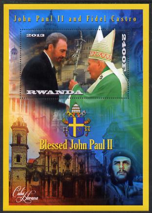 Rwanda 2013 Pope John Paul with Fidel Castro perf deluxe sheet containing 1 value unmounted mint, stamps on , stamps on  stamps on personalities, stamps on  stamps on pope, stamps on  stamps on popes, stamps on  stamps on religion, stamps on  stamps on arms, stamps on  stamps on constitutions  , stamps on  stamps on dictators.