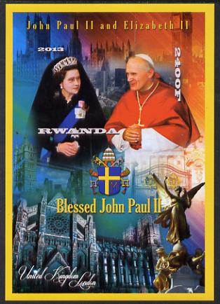 Rwanda 2013 Pope John Paul with Queen Elizabeth II imperf deluxe sheet containing 1 value unmounted mint, stamps on , stamps on  stamps on personalities, stamps on  stamps on pope, stamps on  stamps on popes, stamps on  stamps on religion, stamps on  stamps on arms, stamps on  stamps on royalty