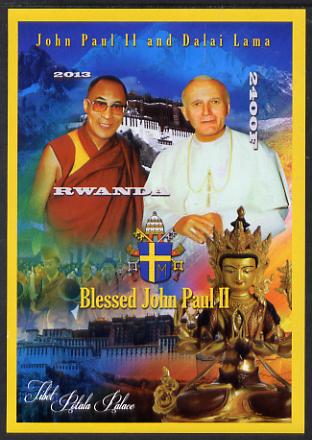 Rwanda 2013 Pope John Paul with Dalai Lama imperf deluxe sheet containing 1 value unmounted mint, stamps on personalities, stamps on pope, stamps on popes, stamps on religion, stamps on arms, stamps on nobel, stamps on peace, stamps on 