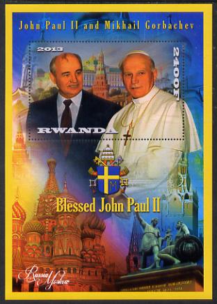 Rwanda 2013 Pope John Paul with Mikhail Gorbachev perf deluxe sheet containing 1 value unmounted mint, stamps on , stamps on  stamps on personalities, stamps on  stamps on pope, stamps on  stamps on popes, stamps on  stamps on religion, stamps on  stamps on arms, stamps on  stamps on constitutions