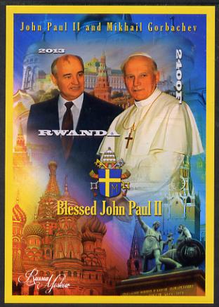 Rwanda 2013 Pope John Paul with Mikhail Gorbachev imperf deluxe sheet containing 1 value unmounted mint, stamps on , stamps on  stamps on personalities, stamps on  stamps on pope, stamps on  stamps on popes, stamps on  stamps on religion, stamps on  stamps on arms, stamps on  stamps on constitutions