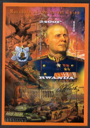 Rwanda 2013 Marshals of the Soviet Union - Ivan Stepanovich Konev perf deluxe sheet containing 1 value unmounted mint, stamps on personalities, stamps on constitutions, stamps on medals, stamps on militaria, stamps on aviation, stamps on tanks, stamps on battles