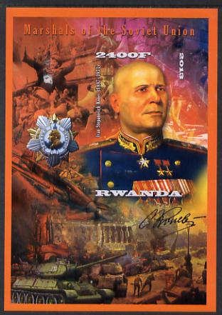 Rwanda 2013 Marshals of the Soviet Union - Ivan Stepanovich Konev imperf deluxe sheet containing 1 value unmounted mint, stamps on personalities, stamps on constitutions, stamps on medals, stamps on militaria, stamps on aviation, stamps on tanks, stamps on battles