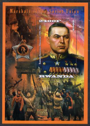 Rwanda 2013 Marshals of the Soviet Union - Konstantin Ksawerowicz Rokossovsky perf deluxe sheet containing 1 value unmounted mint, stamps on personalities, stamps on constitutions, stamps on medals, stamps on militaria, stamps on tanks, stamps on battles