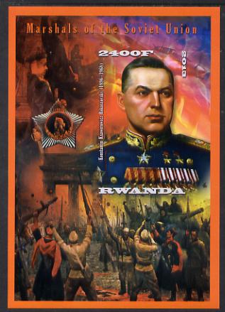 Rwanda 2013 Marshals of the Soviet Union - Konstantin Ksawerowicz Rokossovsky imperf deluxe sheet containing 1 value unmounted mint, stamps on personalities, stamps on constitutions, stamps on medals, stamps on militaria, stamps on tanks, stamps on battles