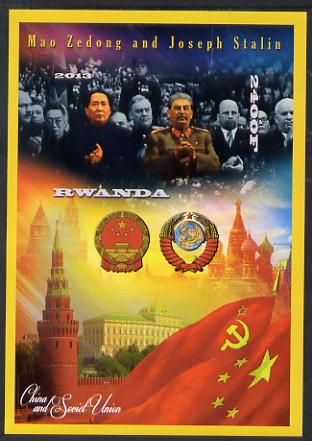 Rwanda 2013 Mao Tse-tung & Joseph Stalin imperf deluxe sheet containing 1 value unmounted mint, stamps on personalities, stamps on constitutions, stamps on stalin, stamps on mao tse-tung, stamps on  mao , stamps on   , stamps on dictators.