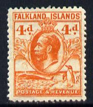 Falkland Islands 1929 Whale & Penguins 4d orange mounted mint SG 120, stamps on , stamps on  stamps on , stamps on  stamps on  kg5 , stamps on  stamps on whales, stamps on  stamps on penguins