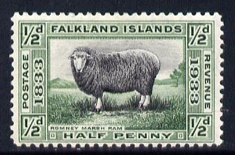 Falkland Islands 1933 Centenary 1/2d Romney Marsh Ram mounted mint SG 127, stamps on , stamps on  stamps on , stamps on  stamps on  kg5 , stamps on  stamps on ovine, stamps on  stamps on sheep